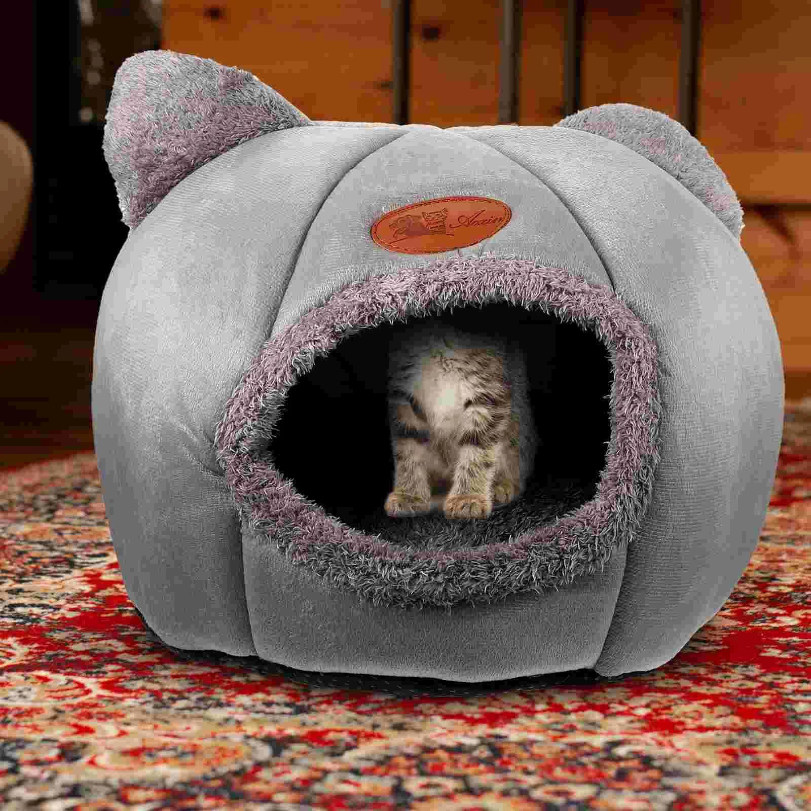 

Bed Cat Pet Warm Cave Sleeping Winter Hideout Plush Animal House Supple Dog Puppy Tent Cushion Foldable Kitten Hut Hideouts