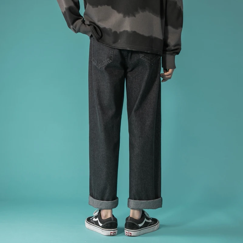 Spring Autumn New Men's Black Ripped Wide Leg Jeans Korean Style Streetwear Baggy Ankle-Length Pants Male Brand Clothing