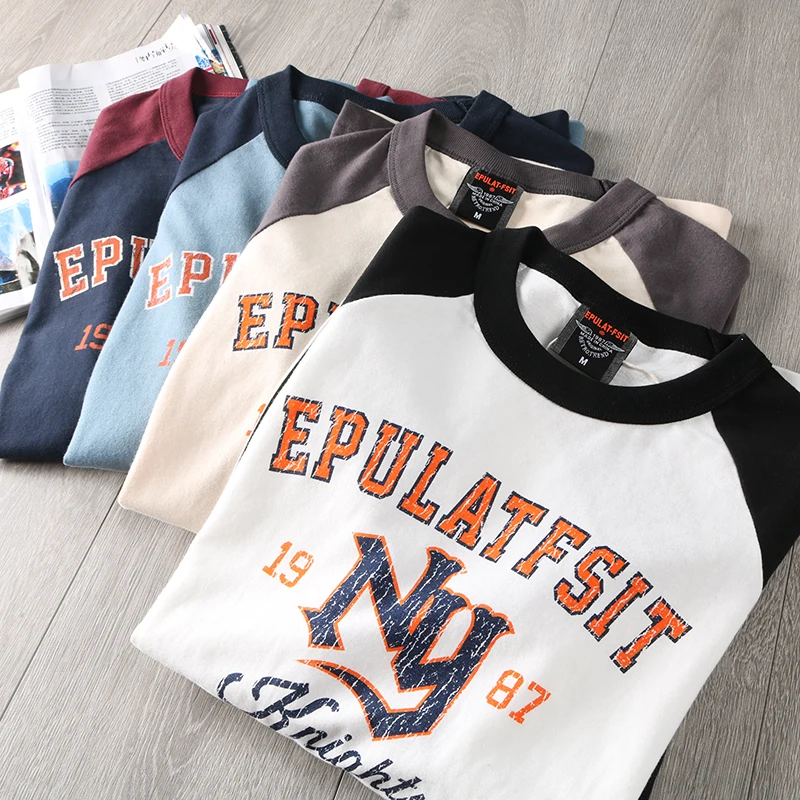 

Autumn Long Sleeve O-neck Letter Print T-shirt Men's Fashion Contrast Splicing Raglan Sleeve Pure Cotton Washed Old Casual Tops