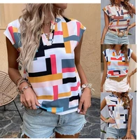 summer casual colorful printed t shirt for women geometric print v neck batwing short sleeve blouse am4382
