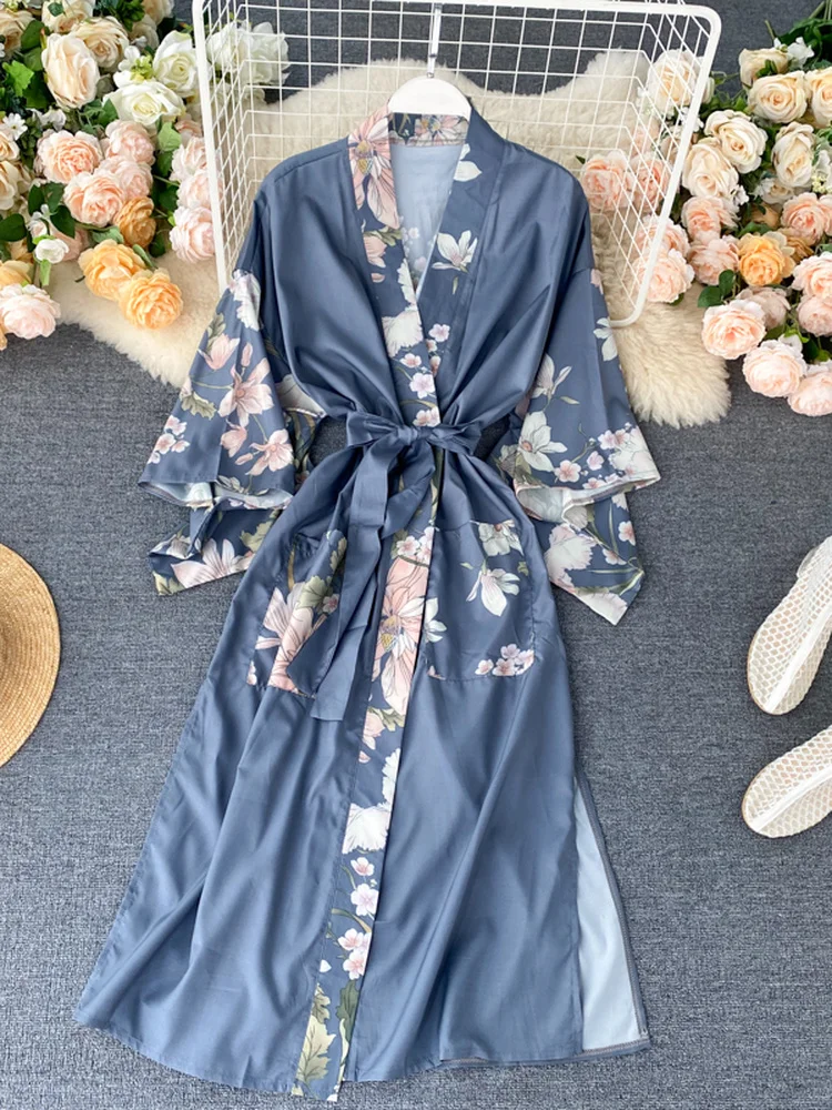 

Шикарная модная винтажная Пижама Hikigawa, стильные Атласные Платья с цветочным принтом для женщин, длинное модное солнцезащитное пальто для о...