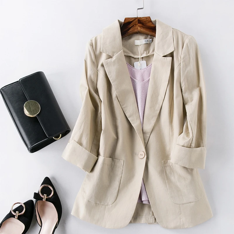 Cotton Linen Blazer Jacket Women Summer Outwear High Quality Solid Single Button Notched Blazer Blazer Three Quarter Sleeve Top