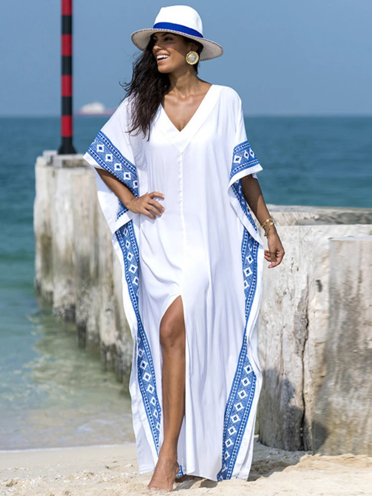 

Kaftan Dresses Women Beach Cover Up White Embroidery India Folk Tunic Short Sleeve Summer Bathing Suits Outfits Beachwear
