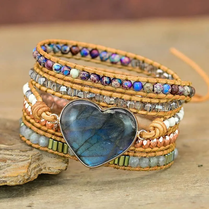 Creative Natural Crystal Cave Stone Gems Bead Boho 5X Wrap Rope Wristband Hand Woven Bracelet Popular Accessories Jewelry