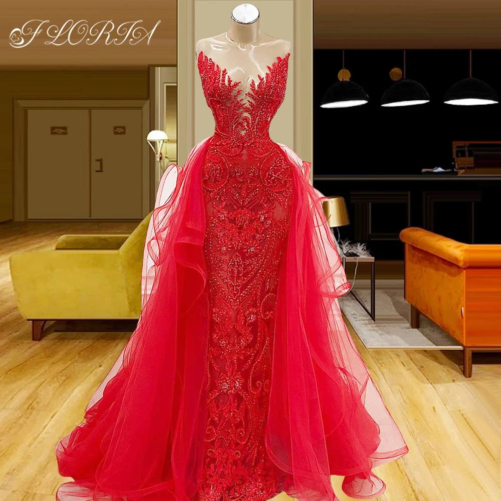 

Luxury Lace Beaded Wedding Gowns with Detachable Overskirt Red Sheer Neck Beach Wedding Party Dress Evening Vestido De Novia