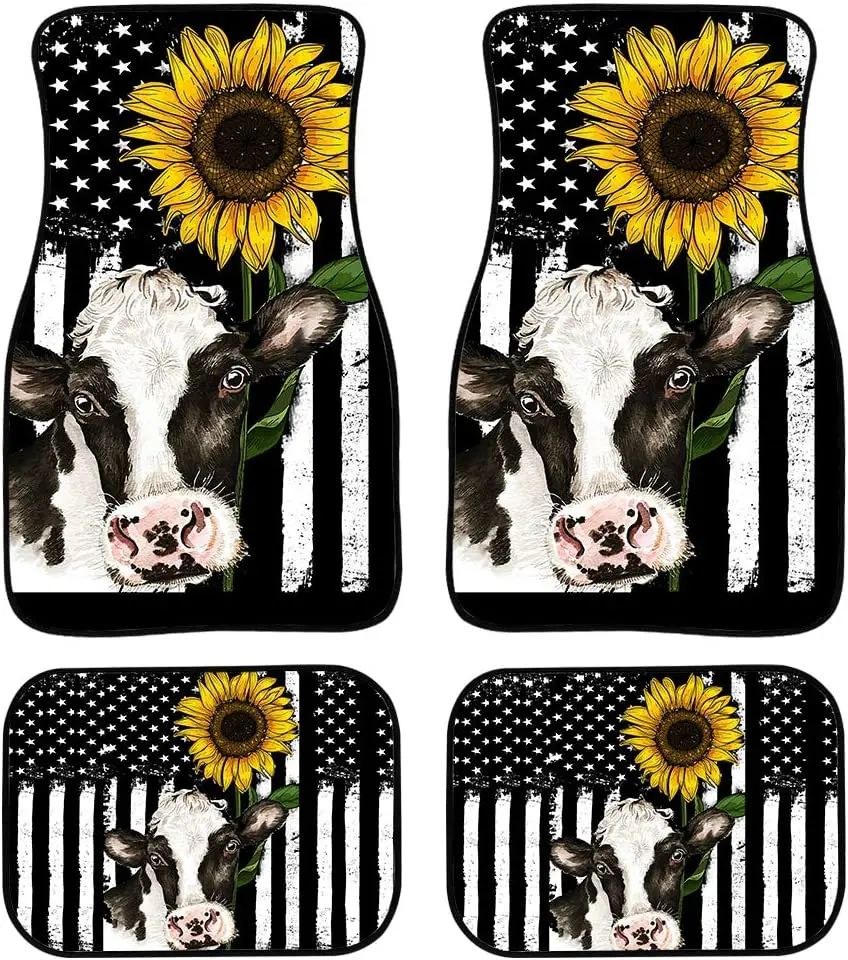 

Binienty Durable Fabric Car Floor Mats with Non Slip Rubber Backing, Cow and Sunflower Print Universal Fit Auto Foot Mats Carpet