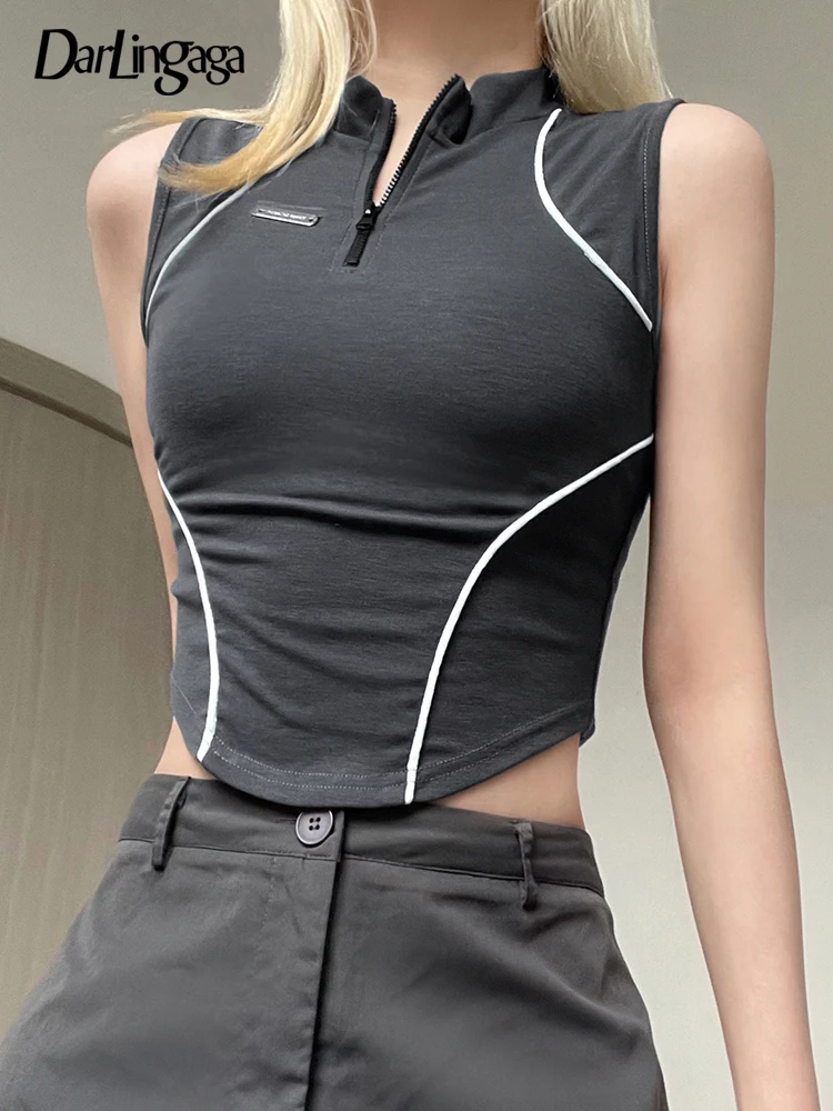 

Darlingaga Streetwear Stripe Stitched Fitness Summer Women's Top Zipper Casual Basic Tanks Camis Cropped Sleeveless Tee Sporty