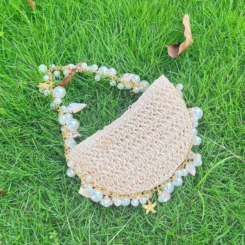 Handmade Woven Half Moon Straw Bag Designer Pearl Starfish Handbag Summer Bohemian Holiday Beach Bag Female Shoulder Bag