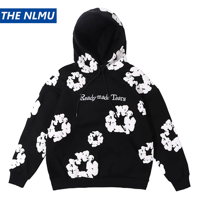

Толстовка мужская оверсайз с цветочным принтом, винтажная уличная одежда с надписью и вышивкой, Свитшот в стиле хип-хоп, хлопковый пуловер в...