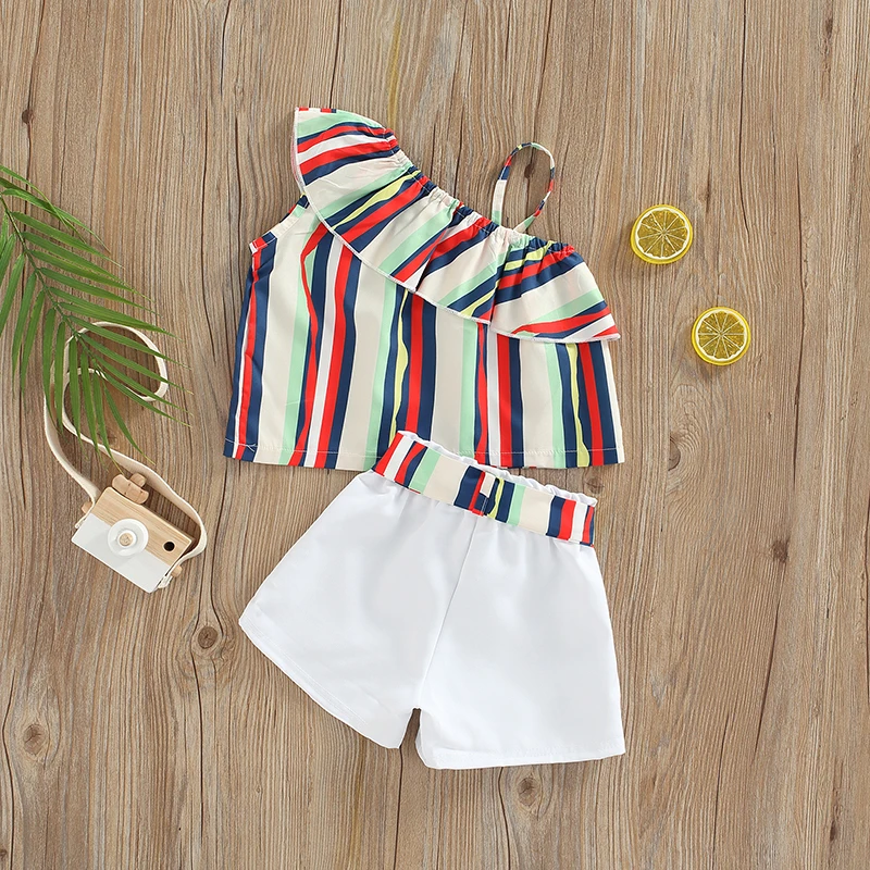 

2Pcs Little Girls Outfit, Toddlers Colorful Vertical Stripe Flouncing Sloping Shoulder Sleeveless Suspender Tops + Belted Shorts