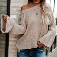 sexy knitted o neck sweater loose oversize sweater women pullover black beige flare sleeve thin sweaters knitted autumn knitwear