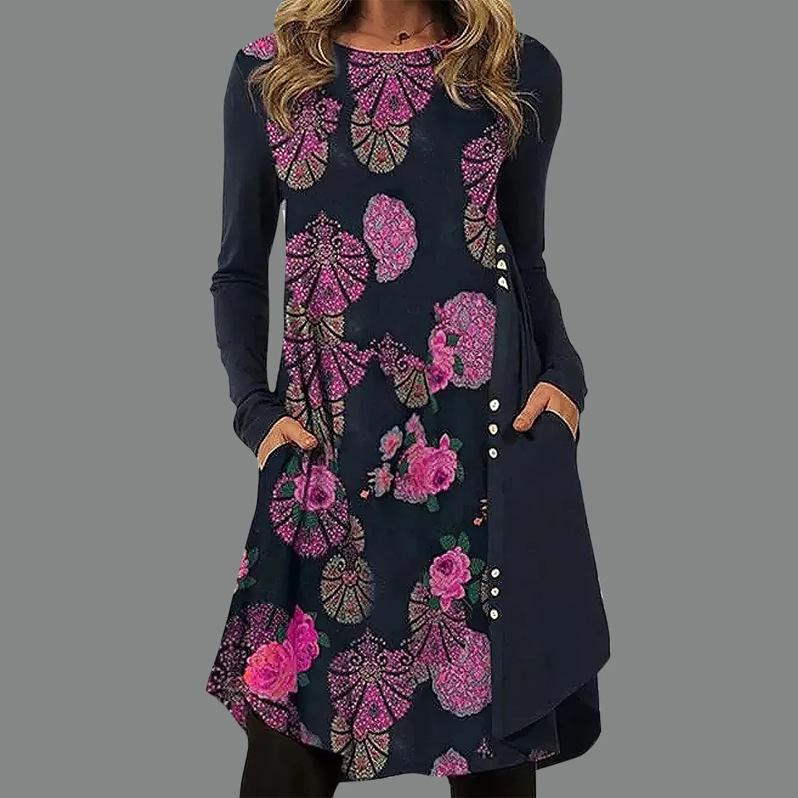 

Women's Fashion Dress Printing Casual Loose Dress Casual O-Neck Long Sleeve Strap Open Back Sexy Christmas Photo Dress Women