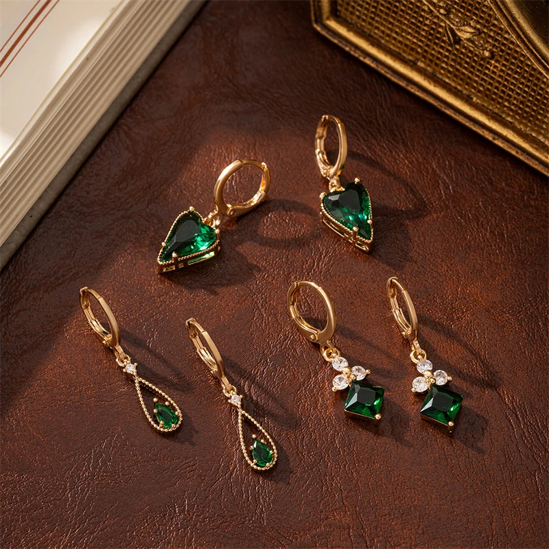 Классические зеленые серьги-подвески в форме сердца с кристаллами для женщин