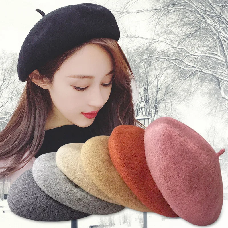 

Winter women casual wool beret cap Outdoor kids parent soft adjustable French Painter artist hat Pumpkin cap gorros