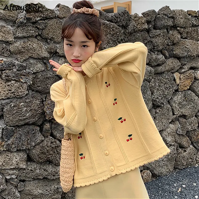 

Sweaters Women Lovely Cartoon Embroidery Chic Ulzzang All-match Autumn Girls Cropped Cardigans Sweet New Vintage Woman Knitwear