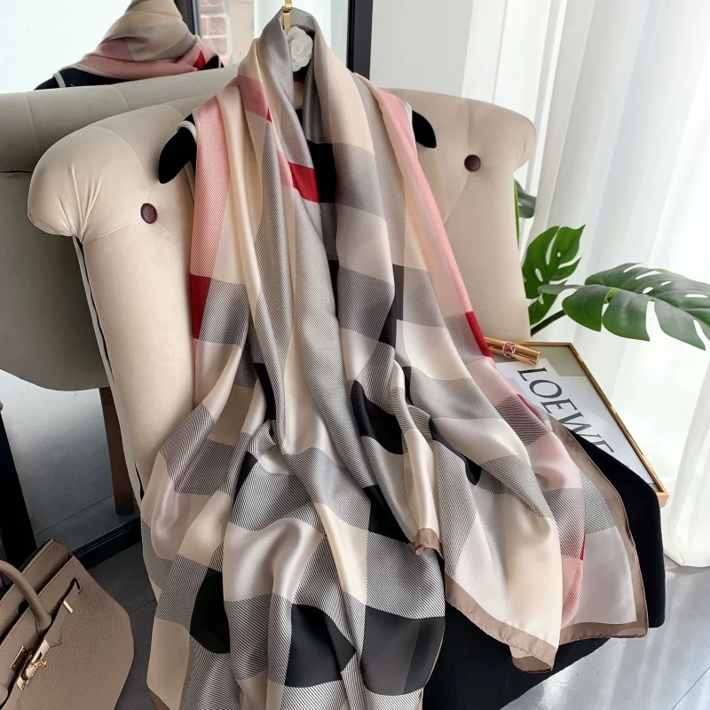 

Korean Style Spring and Summer New Plaid Printed New Silk Forging Imitated Silk Scarves Women's Shawl Sunscreen Beach Towel