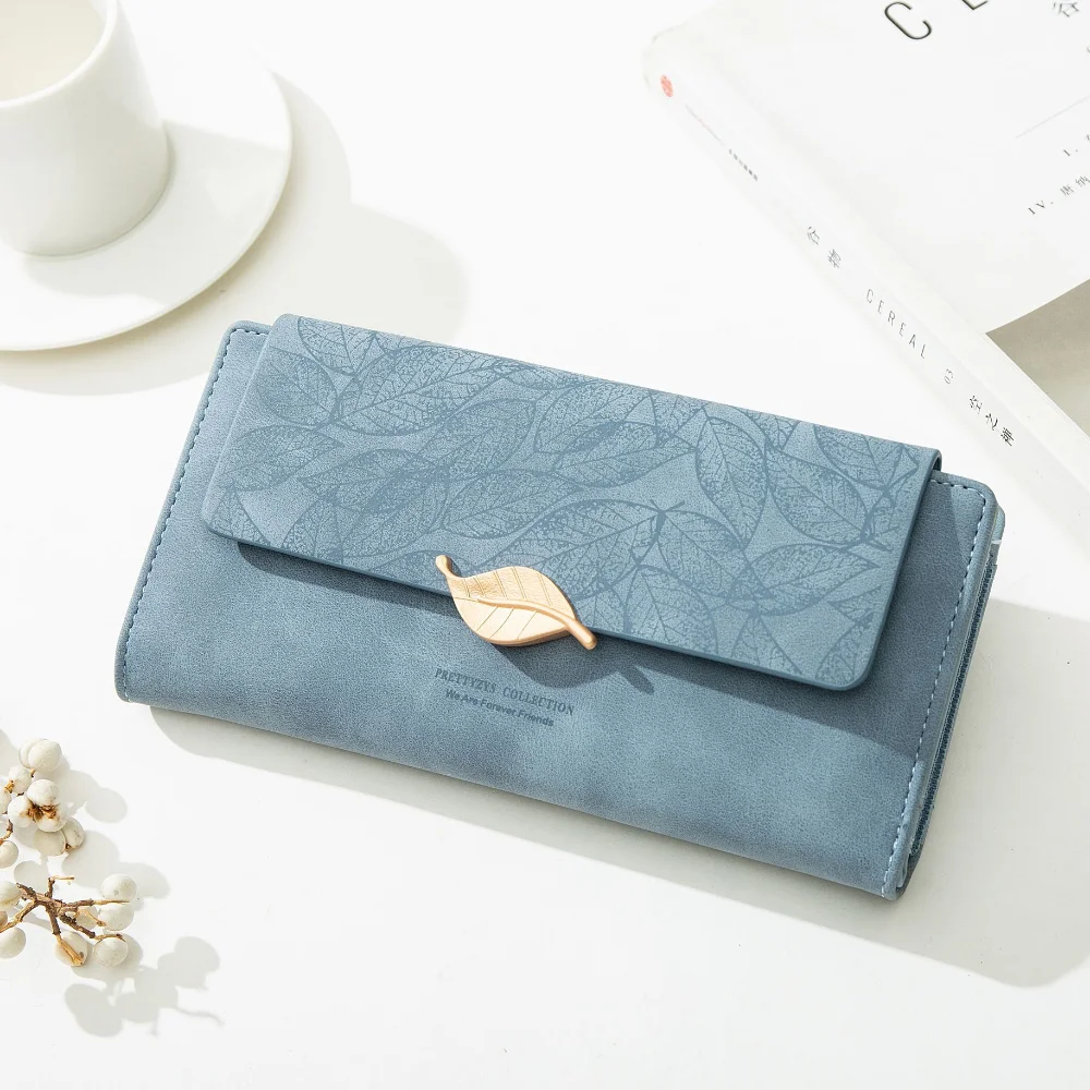 New PU Leather Retro Long Wallets for Women 2022 Simple Frosted Leaf Zipper Buckle Card Holder Large Capacity Women's Clutch
