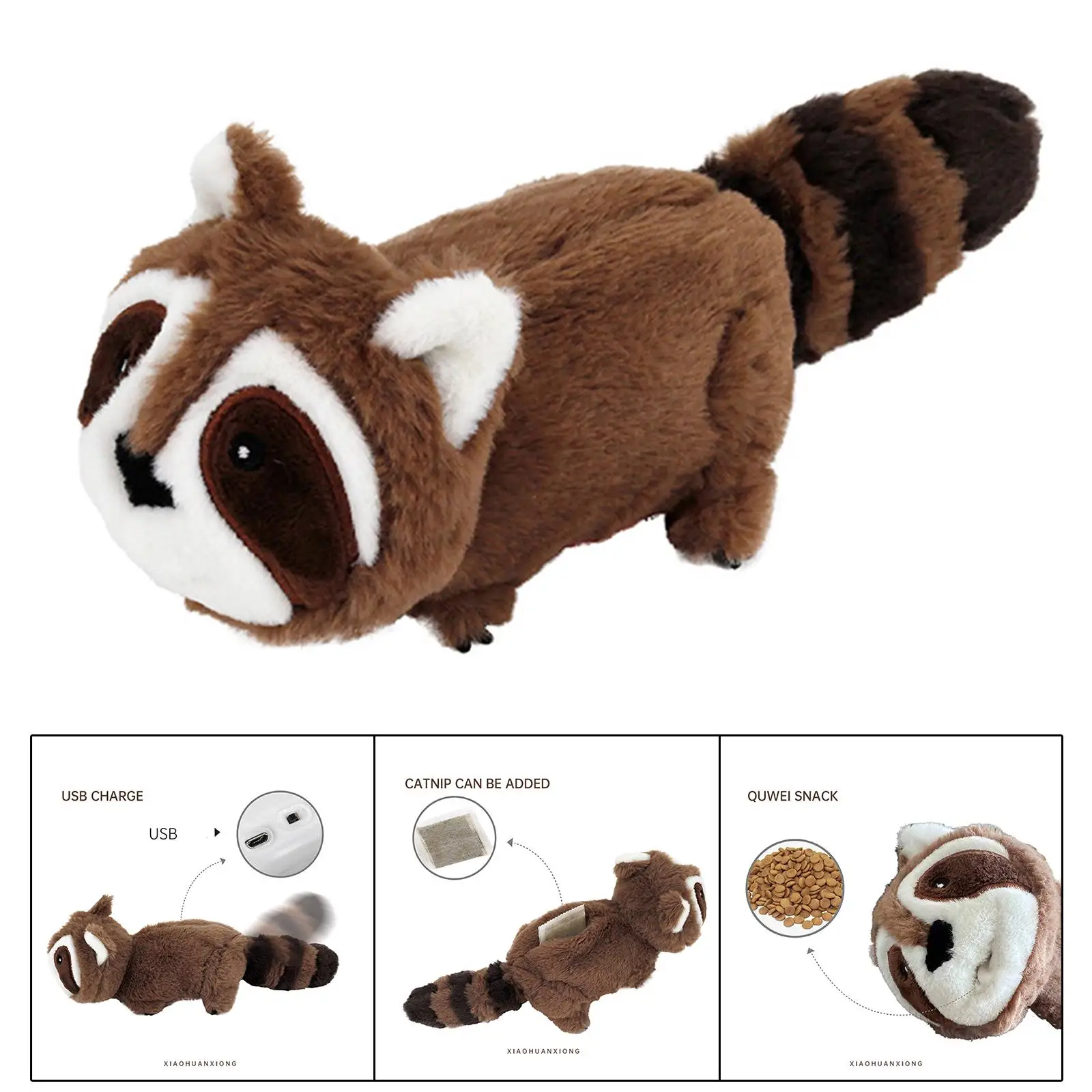 

Electric Soft Plush Racoon Toy Wiggling Tail Refillable Pet Food USB Chargeable Cats Bite Toy for Small Dogs Indoor Cats Pets