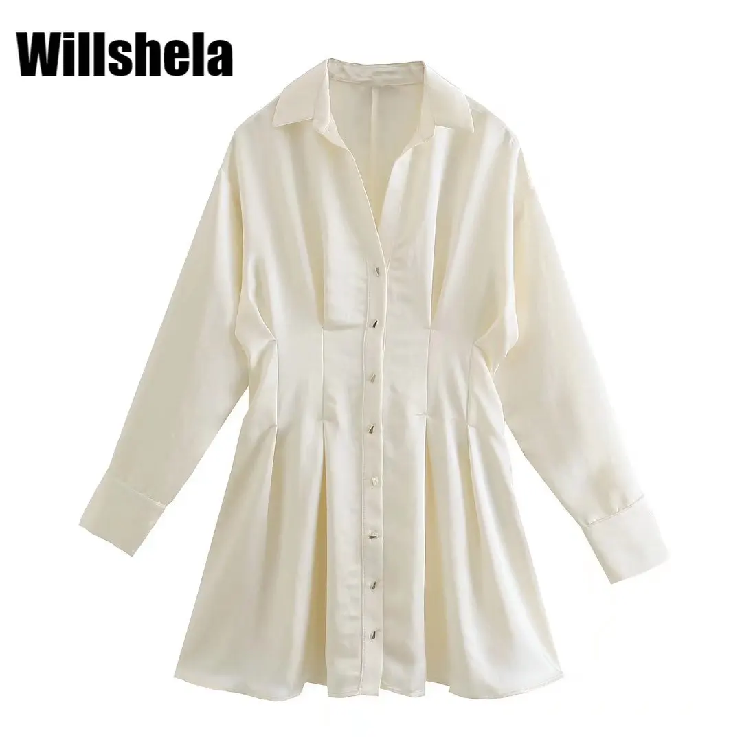 

Willshela женское модное атласное платье-рубашка с отворотом и длинными рукавами, однобортное женское короткое платье