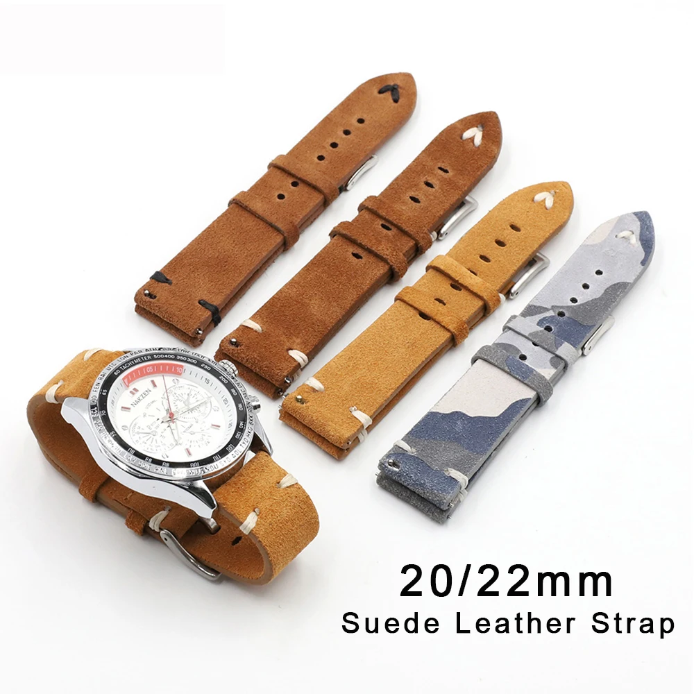 

Vintage Suede Leather Watch Band 20mm 22mm Brown Strap Handmade Stitching Wristband Quick Release for Samsung Galaxy Watch3 Belt