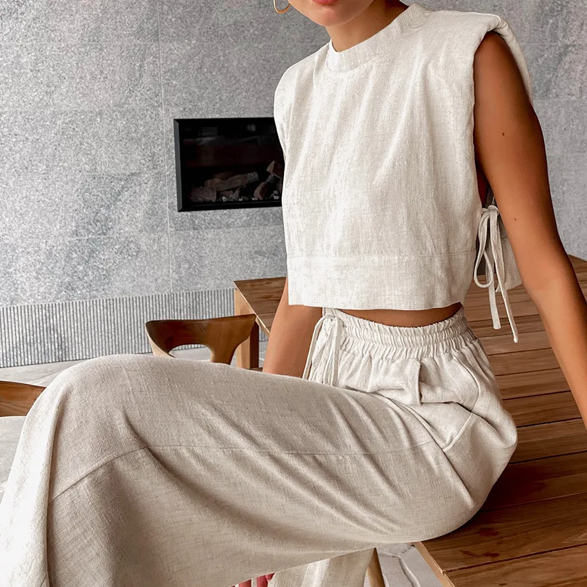 

2 Pieces Cotton Linen Sets For Women Summer Sleeveless Crop Tops Wide Leg Pants Bandage Vest Suits Y2K Clothes Ropa Mujer 2186