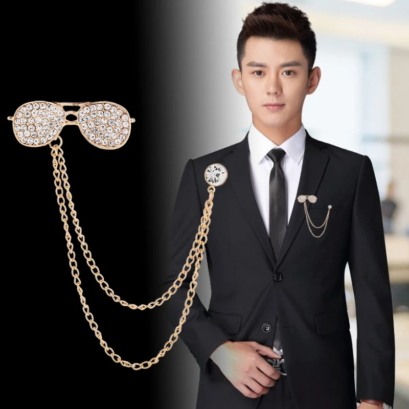 

Korean Fashion Glasses Brooch Rhinestone Crystal Tassel Chain Lapel Pins for Men Wedding Party Badge Jewelry Accessories