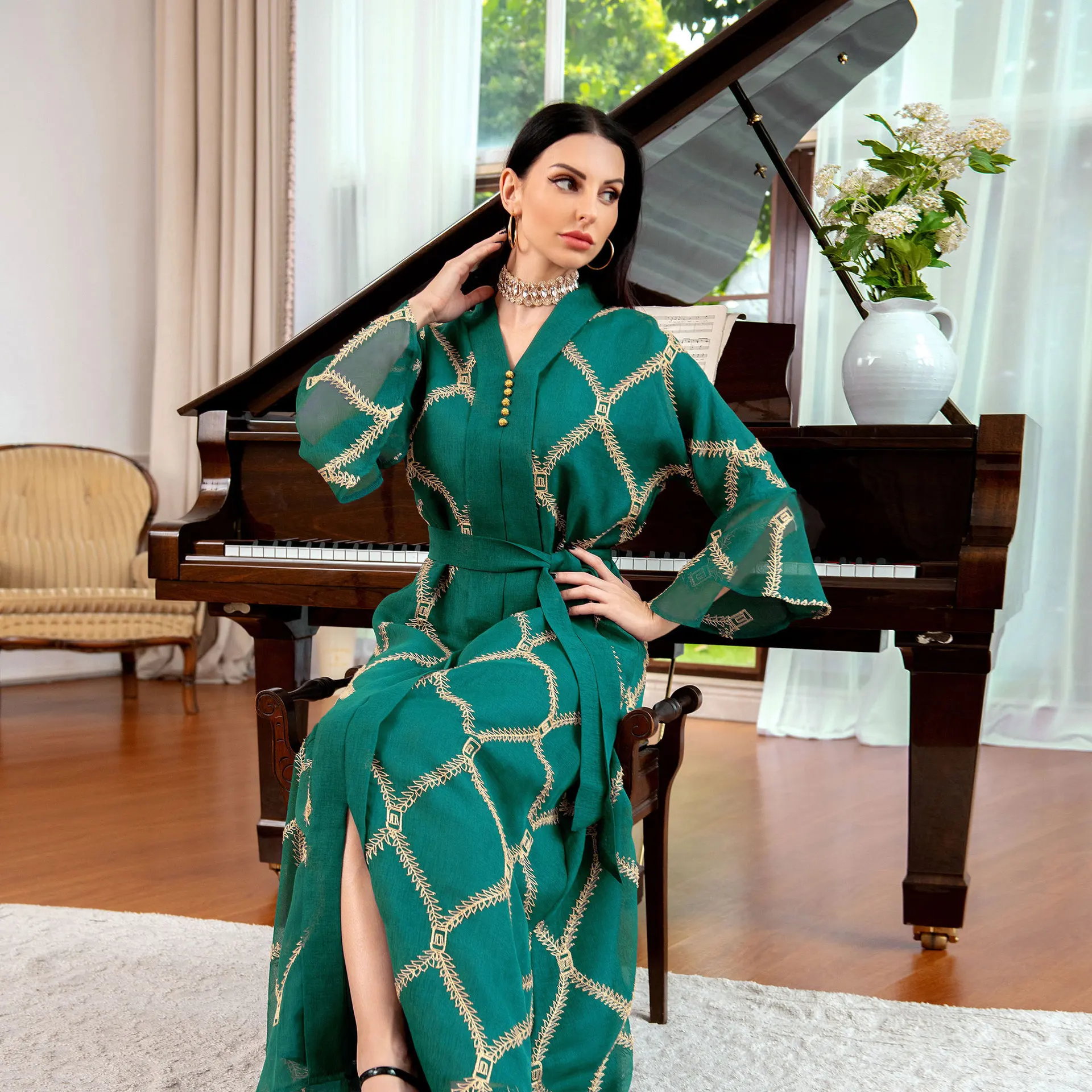 Eid Muslim Dress Women Islam Mesh Embroidery Abaya Dubai Evening Turkish Dresses Jalabiya Moroccan Kaftan Robe Middle East Arabe