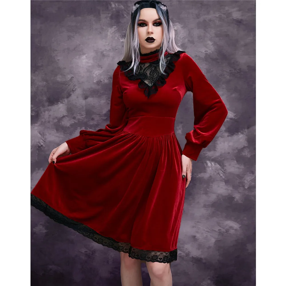 

Rosetic 50s 60s Vintage Red Velvet Dress Women Gothic Fashion Lace Lantern Sleeve High Waist Party Dresses Elegant Spring 2022