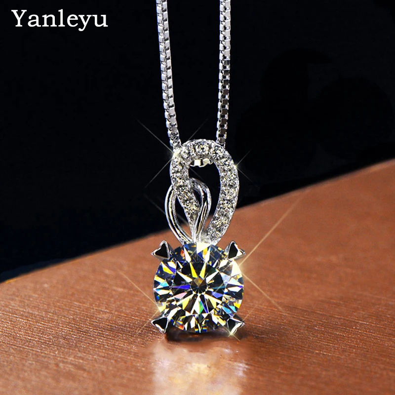 

Yanleyu Luxury 925 Silver Color Pendant Necklace for Women 2 Carat Cubic Zirconia Double Heart Love Jewelry Birthday Party Gift