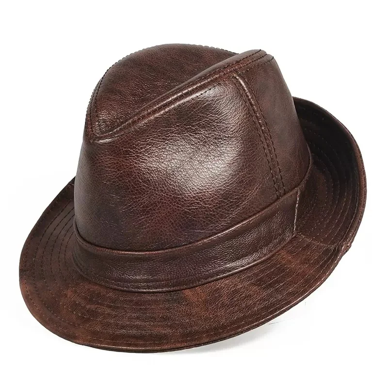 

In 2023 Men High New Quality Genuine Leather Jazz Fedora Cap Gentleman Cow Skin Short Brim Black/Brown Top Hat Male Shows Topper