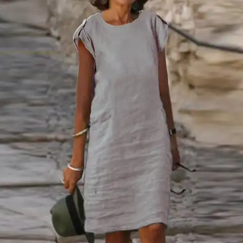 Retro Female Solid Cotton Linen Party Dress Spring Crew Neck Straight Midi Dress Summer Short Sleeve Button Women Dress Vestidos