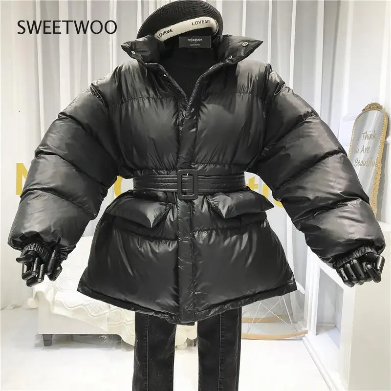 Winter Coat Ladies Parker Coat Shiny Surface Warmth Thick Thick Cotton Casual Loose Women Jacket Ladies Belted Jacket 2022 New