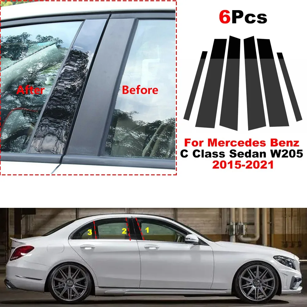 

Car Glossy Black Window Door Column BC Pillar Post PC Cover Trim For Mercedes Benz C Class Sedan W205 Carbon Fiber Mirror Effect