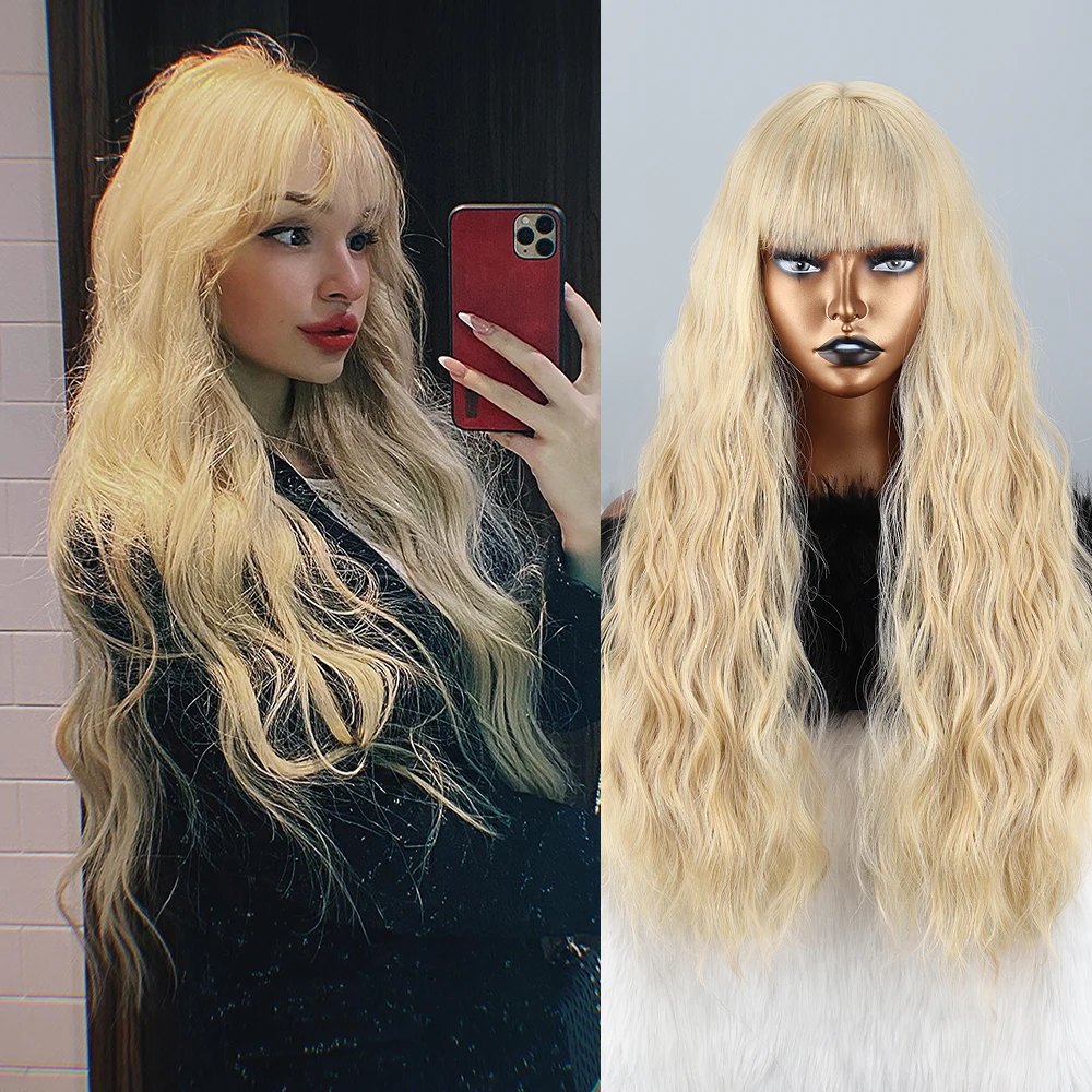 

Synthetic Wig Long Water Wavy Womens Yellow Wigs With Bangs Heat Resistant Kinky Curly Black Brown Wigs for Women Fluffy Hair
