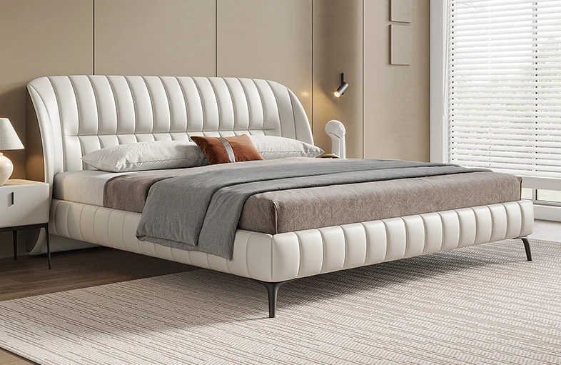 

Head layer cowhide bed, modern and simple leather double soft bag wedding bed, 1.8m master bedroom king bed