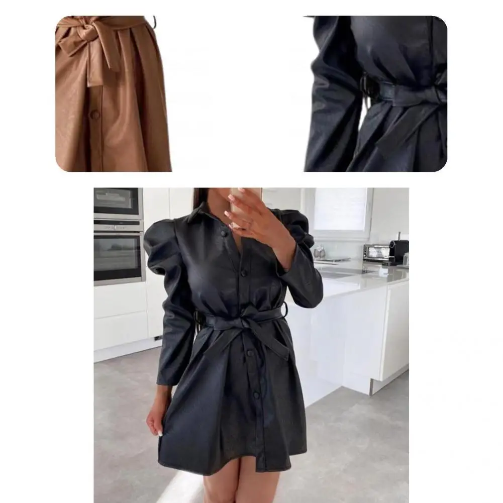 

Temperament Simple Pure Color Buttons Dress Ladies Short Dress Puff Sleeve for Dating