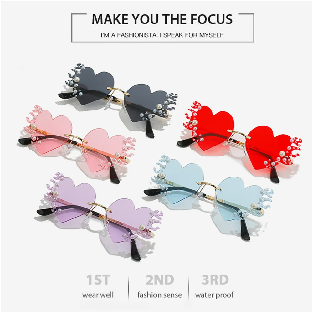 

Женские солнцезащитные очки в форме сердца с защитой UV400, солнцезащитные очки с защитой от пламени, очки без оправы с жемчужным декором, аксе...