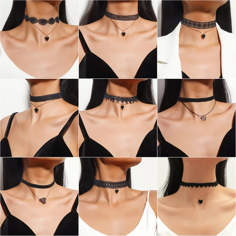 

Sexy Black Lace Choker Goth Double Layers Love Heart Pendant Necklace Vintage Necklaces for Women Collar Torques Neck Jewelry