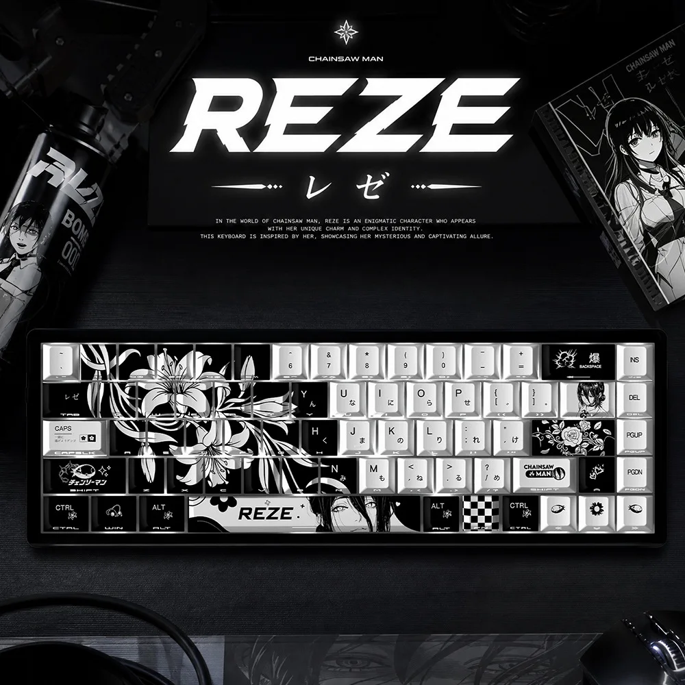 Фото Новые PBT-кейкапы Reze Cherry Profile с 5-сторонней сублимационной печатью, светопропускающие, для японской/русской кириллической клавиатуры, 74/129 клавиш №3