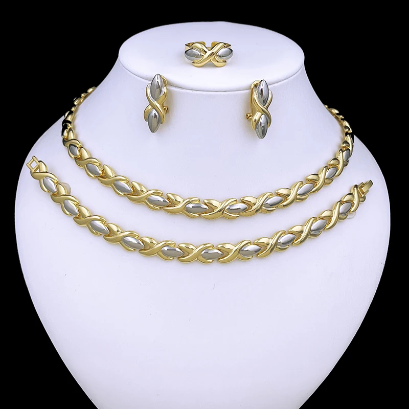 

Elegant Women Necklaces Jewelry Sets Dubai Jewelry Two Tone Choker Necklace Charm Bracelet Bride Wedding Party Accessories