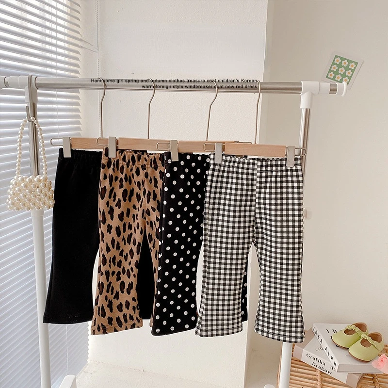 

Korean style Baby girls flared trousers dot plaid all-match casual pant Kids Leopard Print slim pants