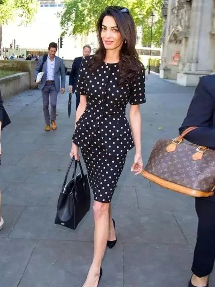 

Высококачественный дизайнерский Летний Новый топ с коротким рукавом Тонкая Повседневная юбка женский элегантный шикарный винтажный костюм в горошек