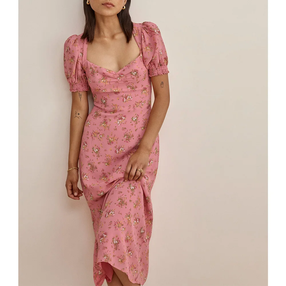 

Женское шифоновое платье средней длины, элегантное винтажное платье с коротким рукавом-фонариком, вырезом сердечком, цветочным принтом и ш...