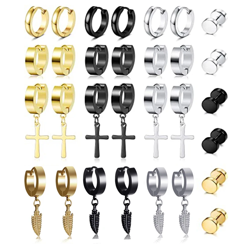 1 Set/15 Pairs Pendant Retro Hug Ring Earrings Stainless Steel Hinged Stud Earrings Perforation Set for Men and Women