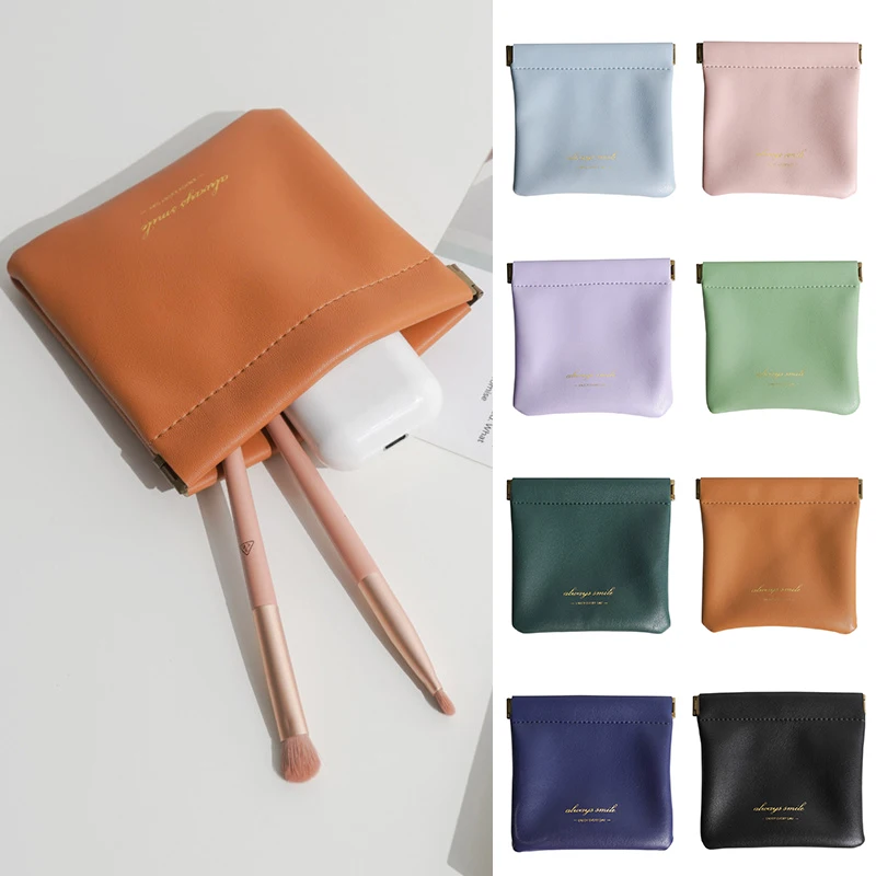 

New Automatic Closing Lipstick Pouch Leather Cable Organizer Bag Sealing Coins Keys Bag Jewelry Earphone Storage Pouch INS Mini