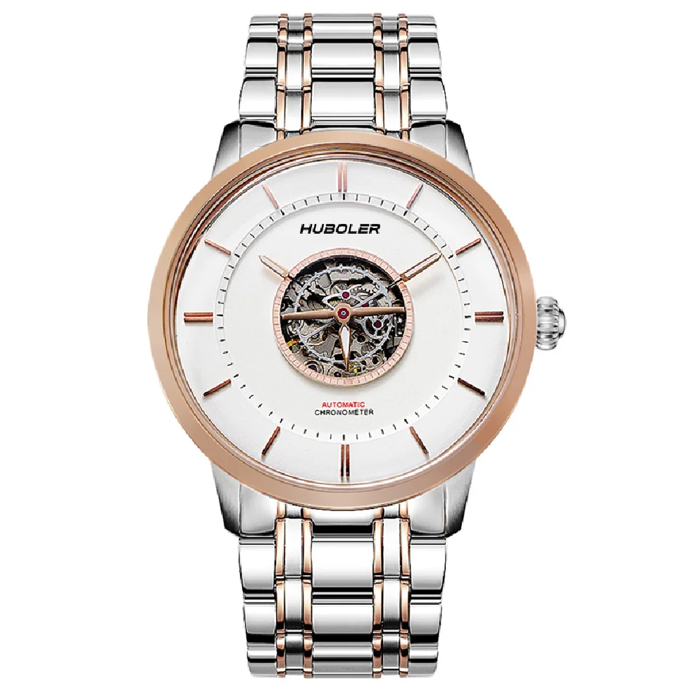 

HANBORO New Luxury Men Mechanical Wristwatch Stainless Steel Watch Top man watch Double Hollow Dial business Reloj Hombre