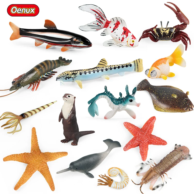 

Oenux Sea Life Animals Toy Shark Squid Shrimp Goldfish Starfish Crab Model Action Figures PVC Miniature Collection Kid Gift