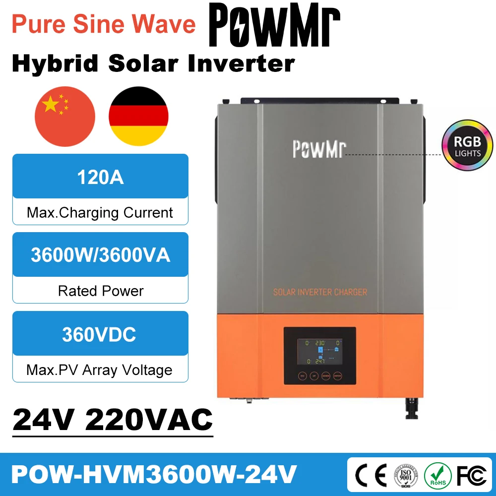 

PowMr All-In-One 3600W Hybrid Solar Inverter MPPT 120A Solar Charger 24V 230V Pure Sine Wave Off-Grid Inversor PV 5000W 500VDC