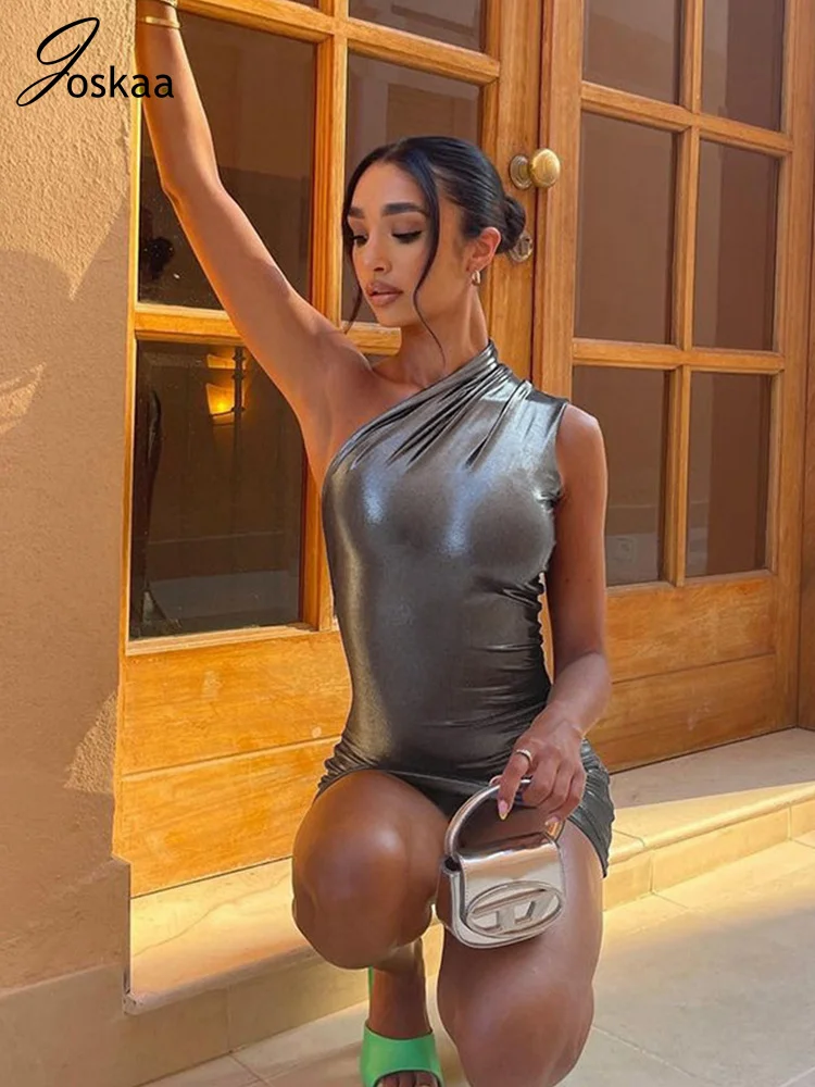 

Joskaa Solid One Shoulder Goth Chic Mini Dress Women Sexy Fall OL Prom Sleeveless Bodycon Dress Party Clubwear 2022