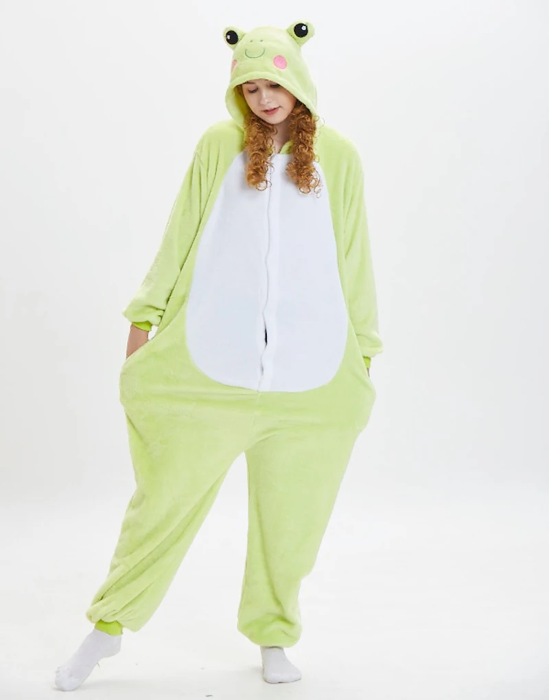 Frog Costume Women Cartoon Onesies Kigurumi Unisex Winter Adults Nightwear Anime Costumes Flannel Sleepwear Pajamas Set Homewear